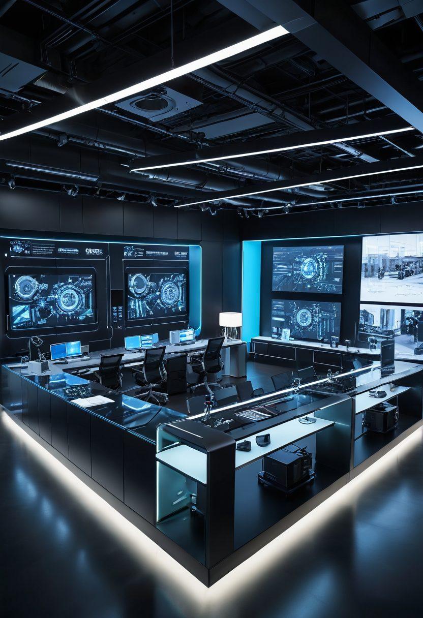 A dynamic workspace showcasing engineers collaborating over innovative shaft engineering designs, surrounded by blueprints, 3D models, and machinery. The atmosphere is filled with a sense of creativity and technological advancement, with gears and shafts subtly integrated into the background. Bright lighting highlights intricate details of the designs. futuristic and clean. vibrant colors. 3D.