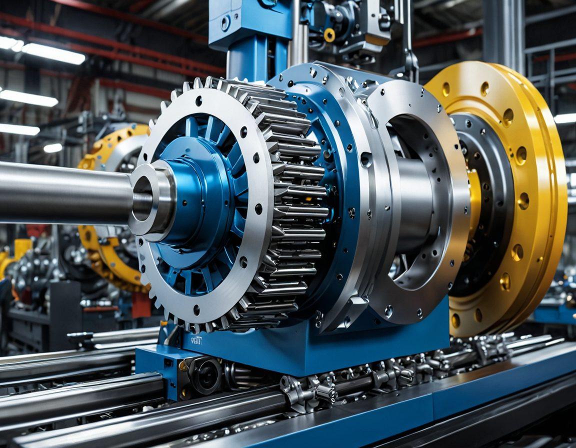 A detailed illustration of precision shafting integrated within complex machinery, showcasing the interplay between gears and shafts in action, with a focus on how precision enhances performance. Include measurement tools like calipers nearby, and visualize high-tech materials being used. Set against a backdrop of a bustling workshop with engineers inspecting machinery. super-realistic. vibrant colors. 3D.